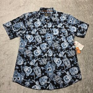 Rugby University Men's Casual Button-Down Shirt XL Blue Skull Print Cotton